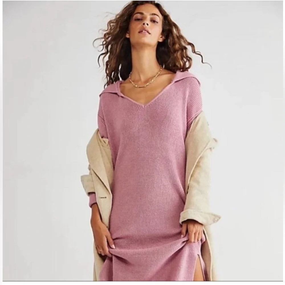 NWOT Free People Beach Claudia Sweater Knit Midi Dress with Hood Pink L